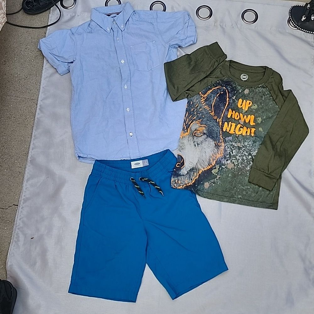 Boys 8 Bundle Board Shorts, Button Down, Wolf Long Sleeve